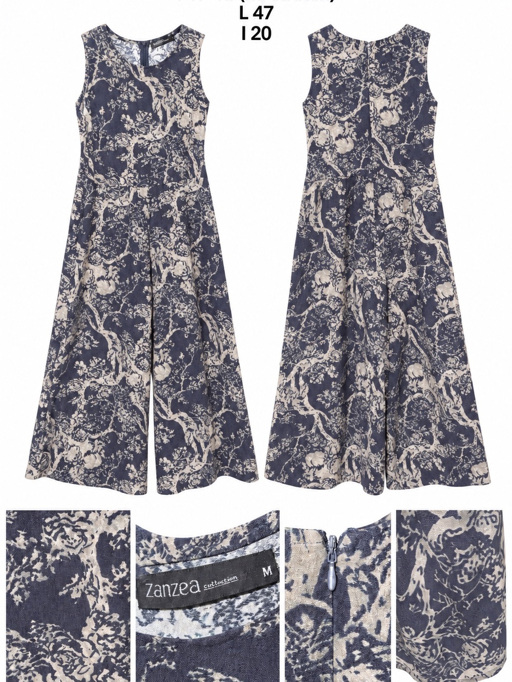 Zanzea Navy & Cream Floral Sleeveless Wideleg Romper